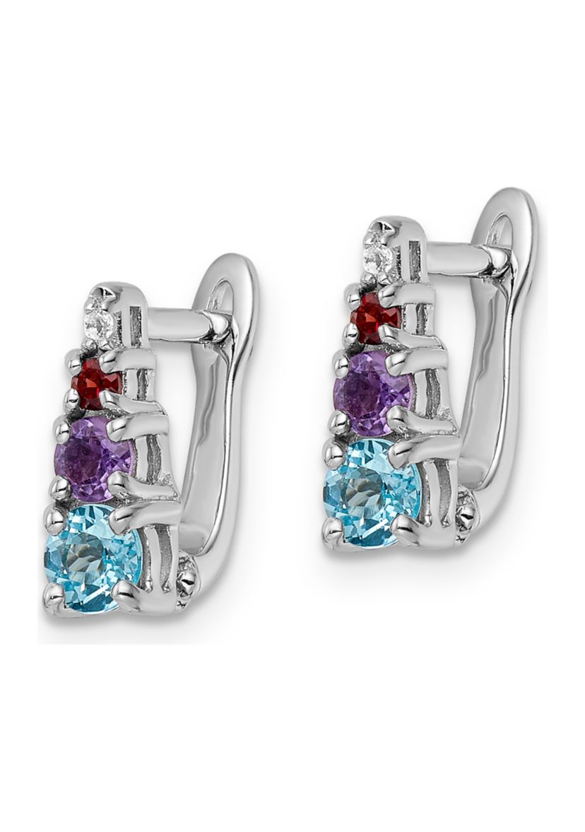 7/8 ct. t.w. Light Swiss Blue Topaz, Amethyst, Garnet and White Topaz Hinged Earrings in Rhodium-Plated Sterling Silver