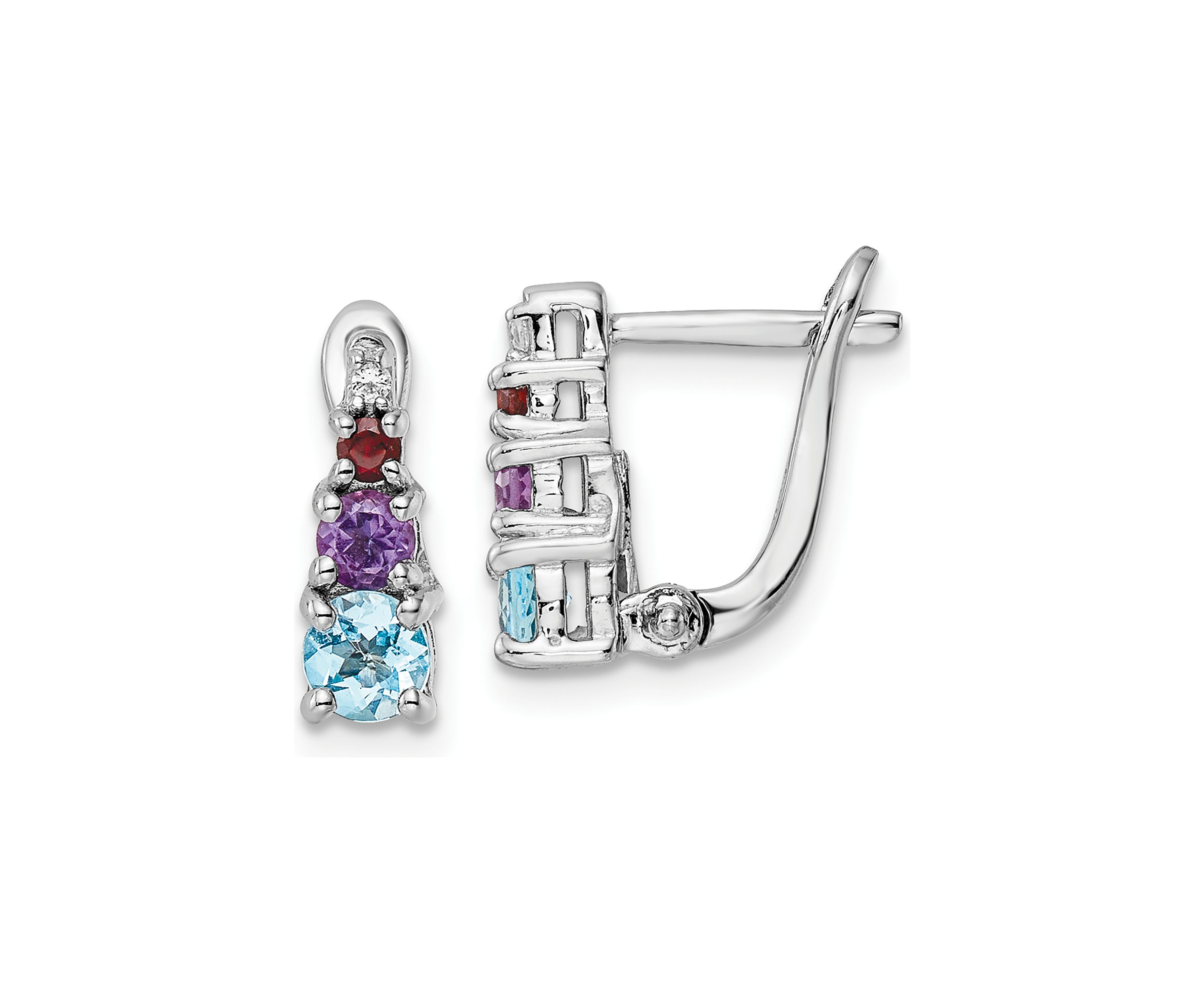 7/8 ct. t.w. Light Swiss Blue Topaz, Amethyst, Garnet and White Topaz Hinged Earrings in Rhodium-Plated Sterling Silver