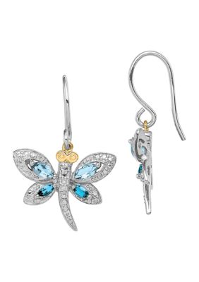 Belk & Co 1/2 Ct. T.w. Light Blue Topaz, 1 Ct. T.w. London Blue Topaz And 1/10 Ct. T.w. Diamond Dragonfly Earrings In Sterling Silver And 14K Gold