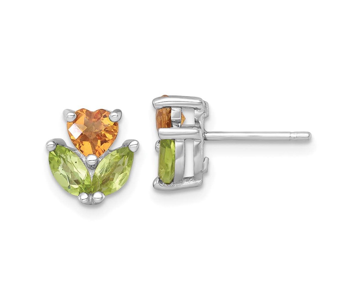 1/2 ct. t.w. Peridot and 1/3 ct. t.w. Citrine Flower Post Earrings in Rhodium-plated Sterling Silver