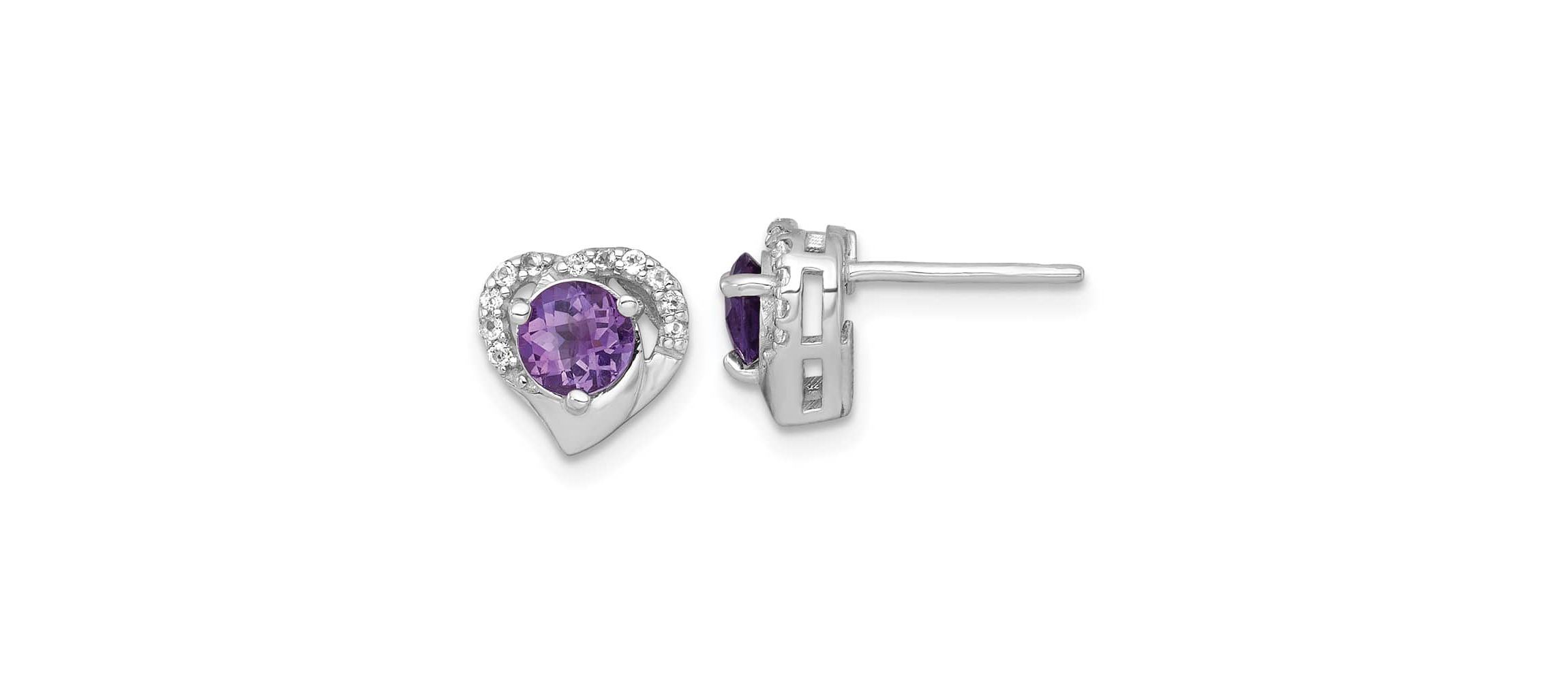 1.04 ct. t.w. Amethyst and 1/8 ct. t.w. White Topaz Heart Post Earrings in Rhodium-plated Sterling Silver
