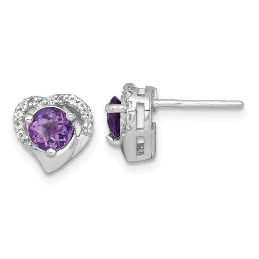 1.04 ct. t.w. Amethyst and 1/8 ct. t.w. White Topaz Heart Post Earrings in Rhodium-plated Sterling Silver