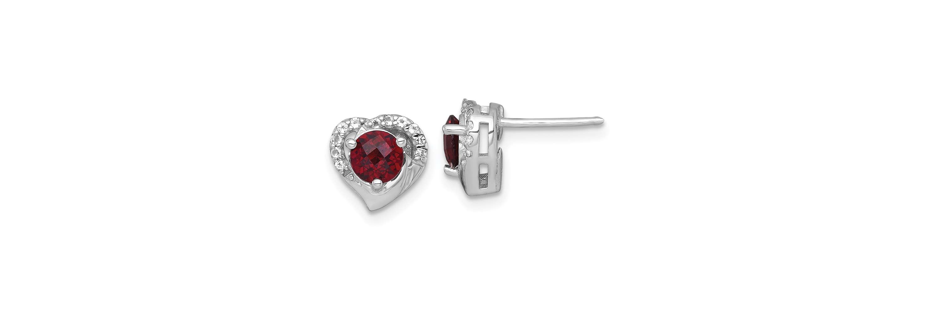 1.10 ct. t.w. Garnet and 1/8 ct. t.w. White Topaz Heart Post Earrings in Rhodium-plated Sterling Silver
