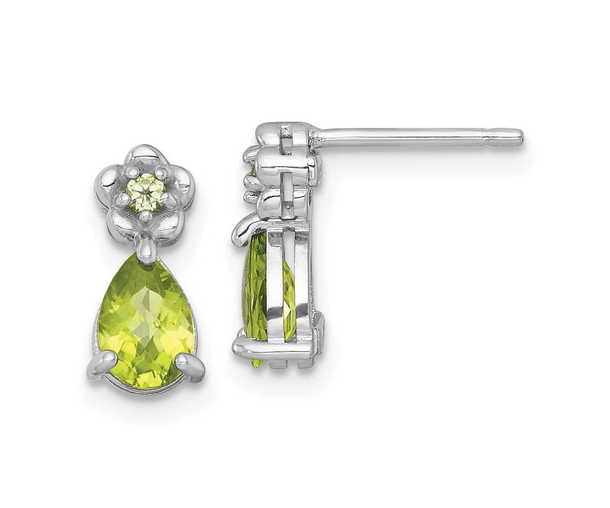 1.37 ct. t.w. Peridot Teardrop and Flower Post Earrings in Rhodium-plated Sterling Silver