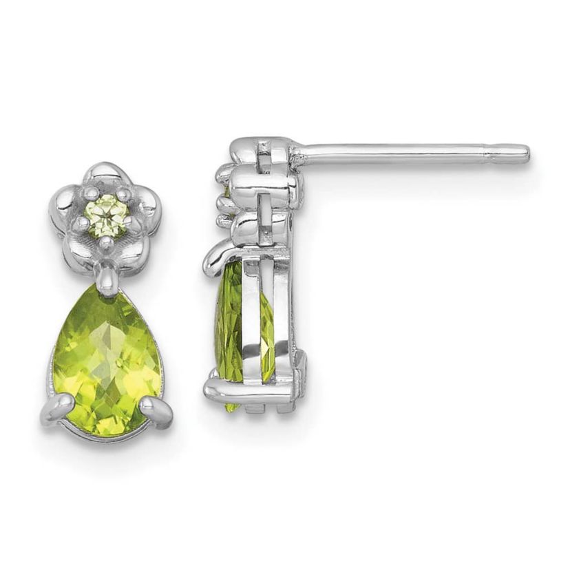 1.37 ct. t.w. Peridot Teardrop and Flower Post Earrings in Rhodium-plated Sterling Silver