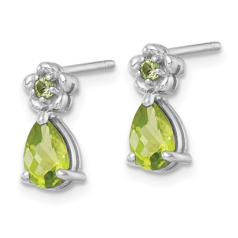 1.37 ct. t.w. Peridot Teardrop and Flower Post Earrings in Rhodium-plated Sterling Silver