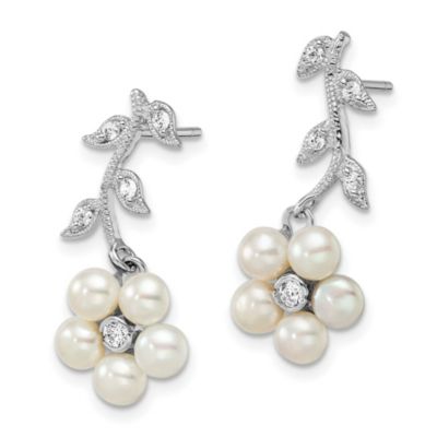 Sterling Silver Rhodium Freshwater Cultured Pearl Cubic Zirconia Post Earrings