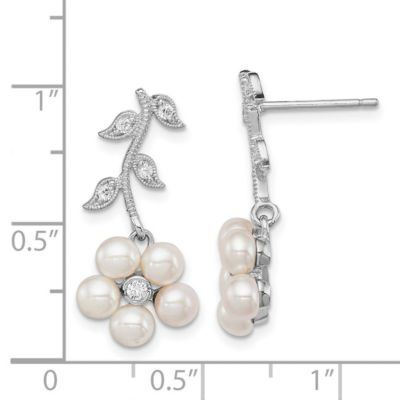 Sterling Silver Rhodium Freshwater Cultured Pearl Cubic Zirconia Post Earrings