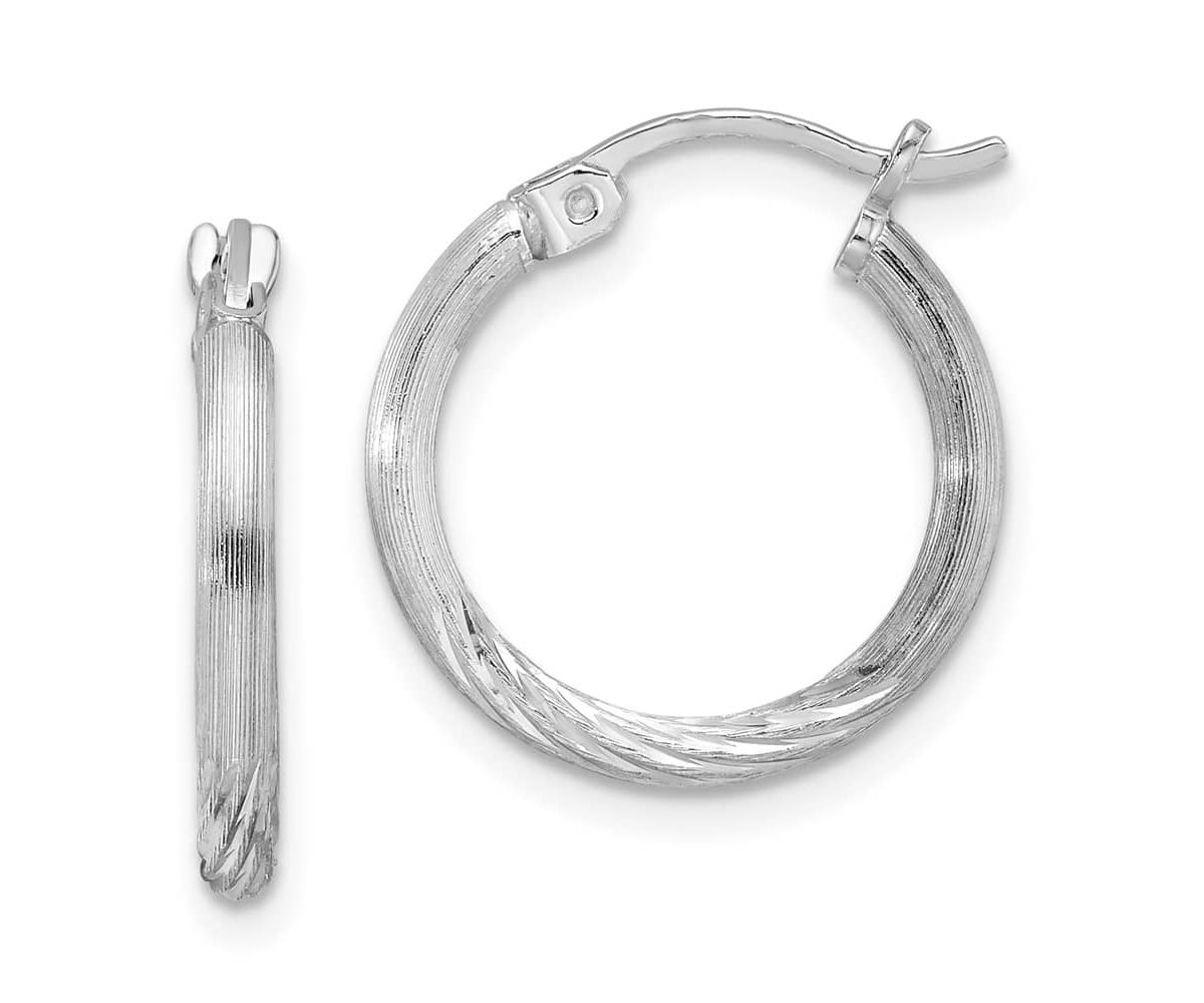 Sterling Silver Rhodium-plated 2mm Polished/Satin Diamond-cut Hoop Earrings