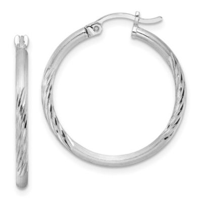 Belk & Co Sterling Silver Rhodium-plated 2mm Polished/Satin Diamond-cut Hoop Earrings, White