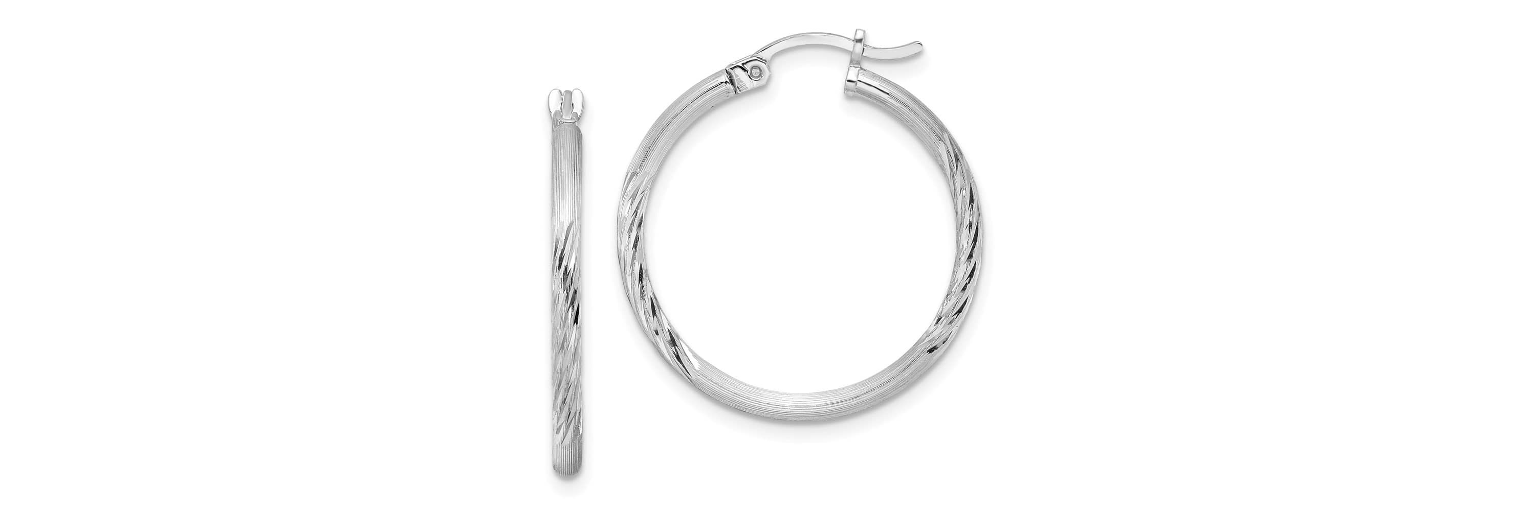 Sterling Silver Rhodium-plated 2mm Polished/Satin Diamond-cut Hoop Earrings