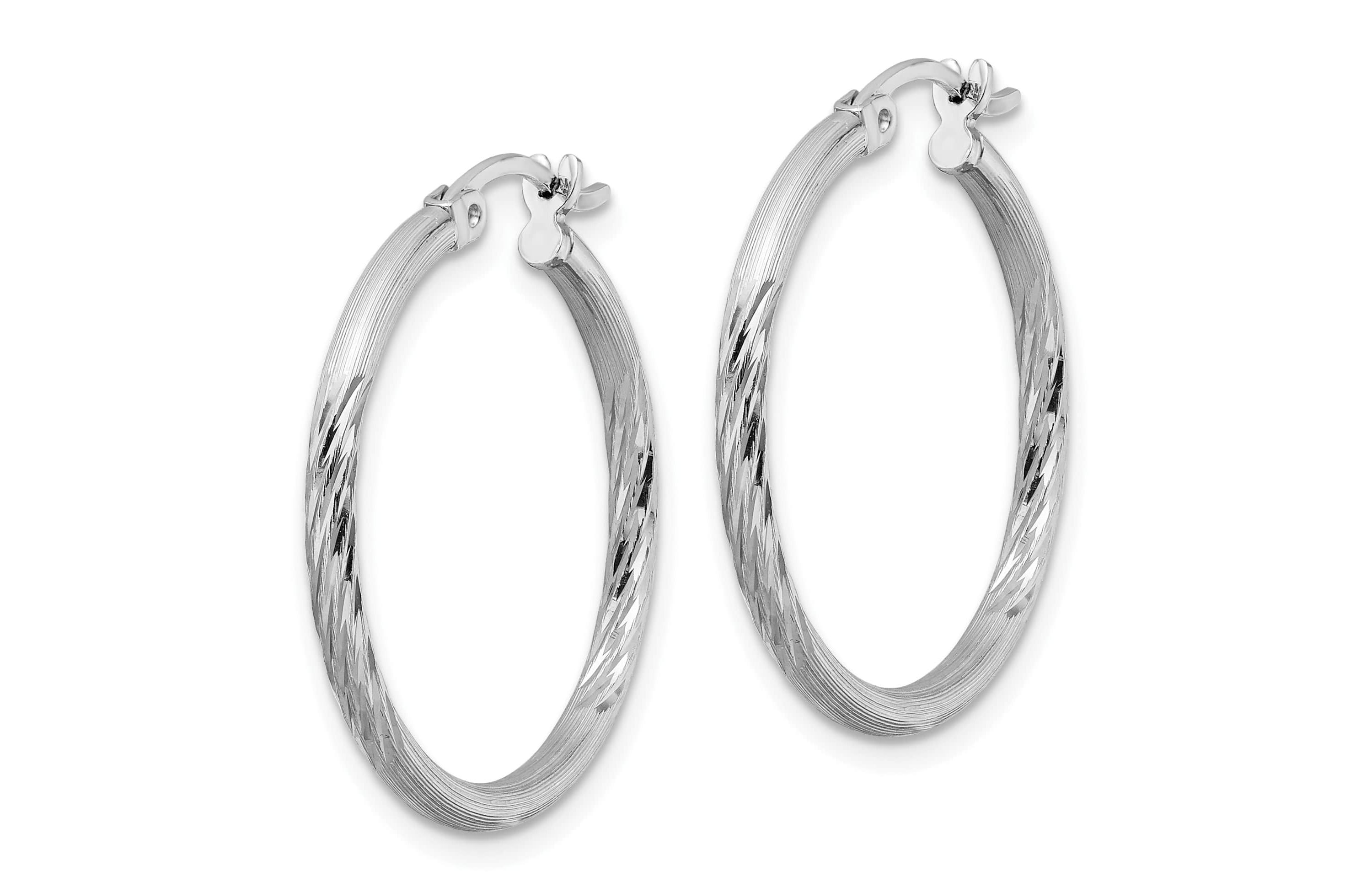 Sterling Silver Rhodium-plated 2mm Polished/Satin Diamond-cut Hoop Earrings