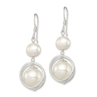 Sterling Silver White Freshwater Cultured/Shell Pearl Dangle Earrings