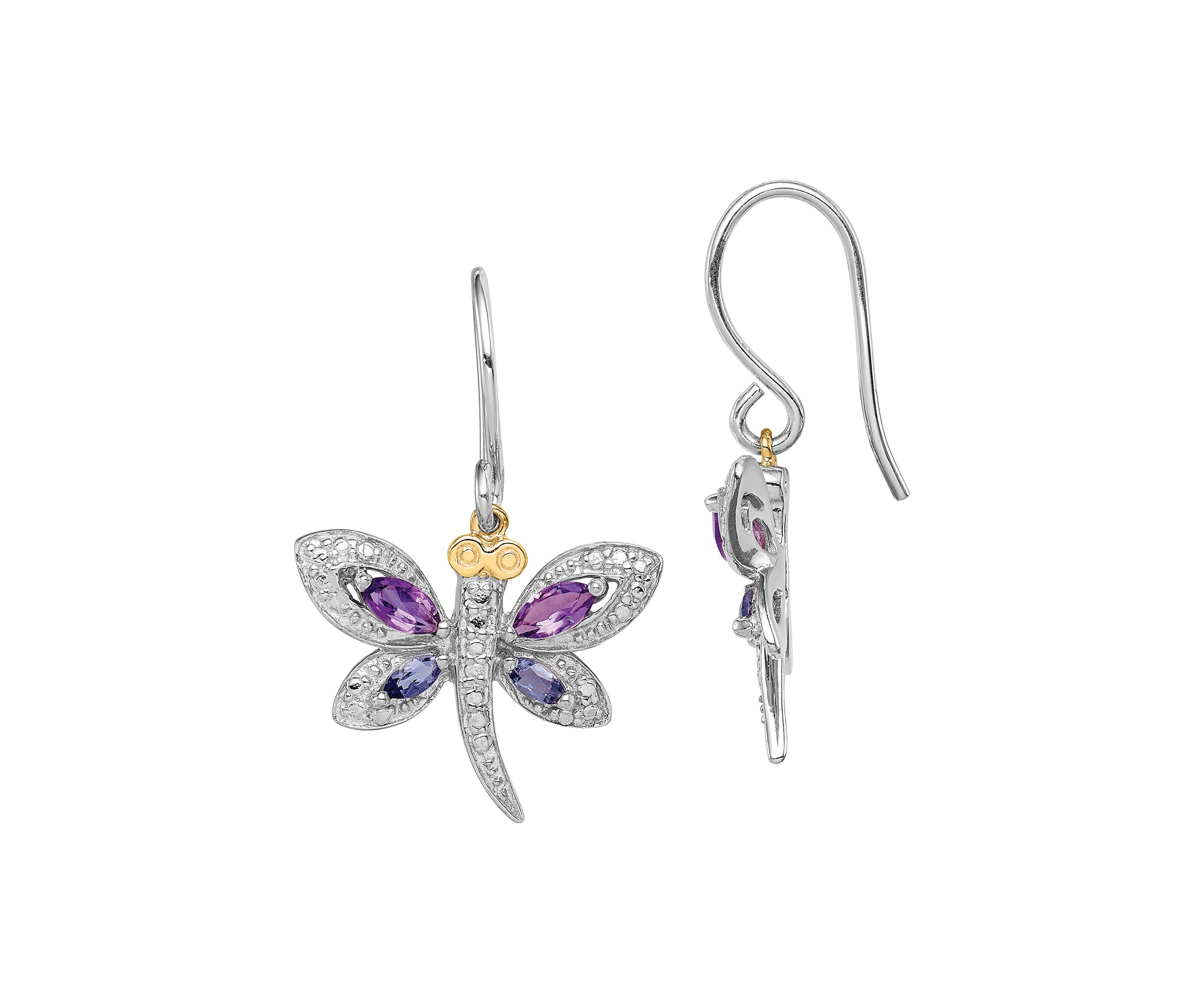 5/8 ct. t.w Amethyst, 1/4 ct. t.w. Lolite and 1/10 ct. t.w. Diamond Dragonfly Earrings in Sterling Silver and 14K Gold True Two-Tone