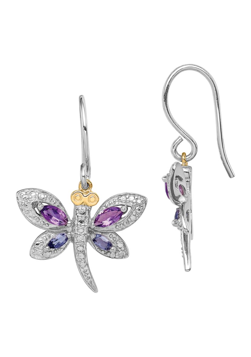 5/8 ct. t.w Amethyst, 1/4 ct. t.w. Lolite and 1/10 ct. t.w. Diamond Dragonfly Earrings in Sterling Silver and 14K Gold True Two-Tone
