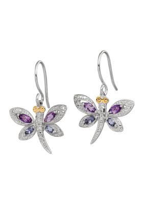 5/8 ct. t.w Amethyst, 1/4 ct. t.w. Lolite and 1/10 ct. t.w. Diamond Dragonfly Earrings in Sterling Silver and 14K Gold True Two-Tone