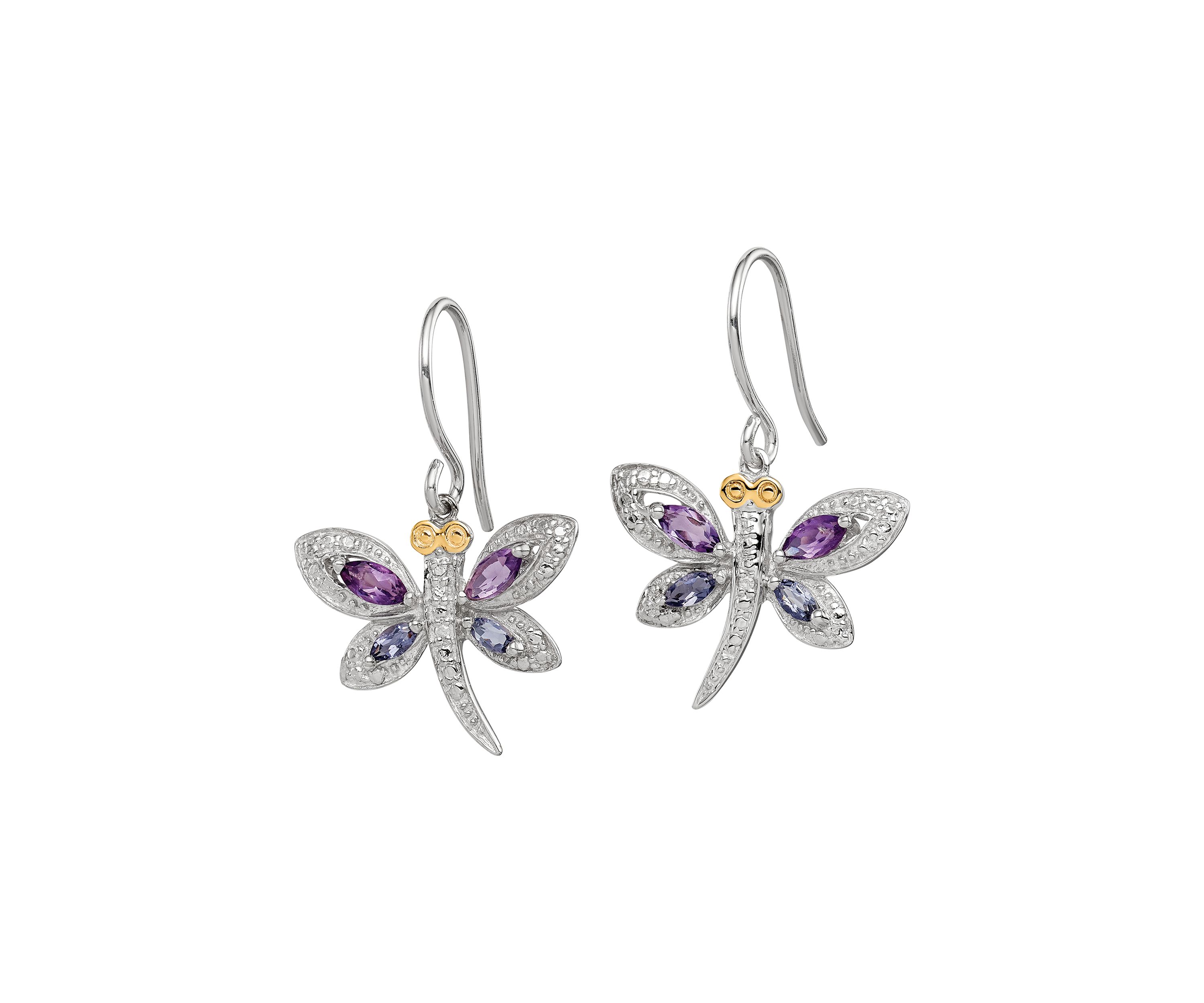5/8 ct. t.w Amethyst, 1/4 ct. t.w. Lolite and 1/10 ct. t.w. Diamond Dragonfly Earrings in Sterling Silver and 14K Gold True Two-Tone