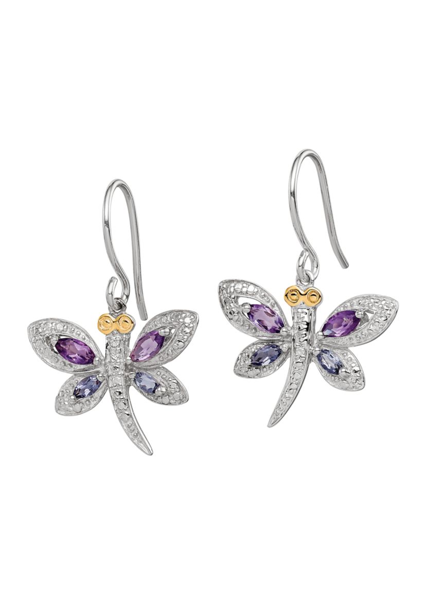 5/8 ct. t.w Amethyst, 1/4 ct. t.w. Lolite and 1/10 ct. t.w. Diamond Dragonfly Earrings in Sterling Silver and 14K Gold True Two-Tone