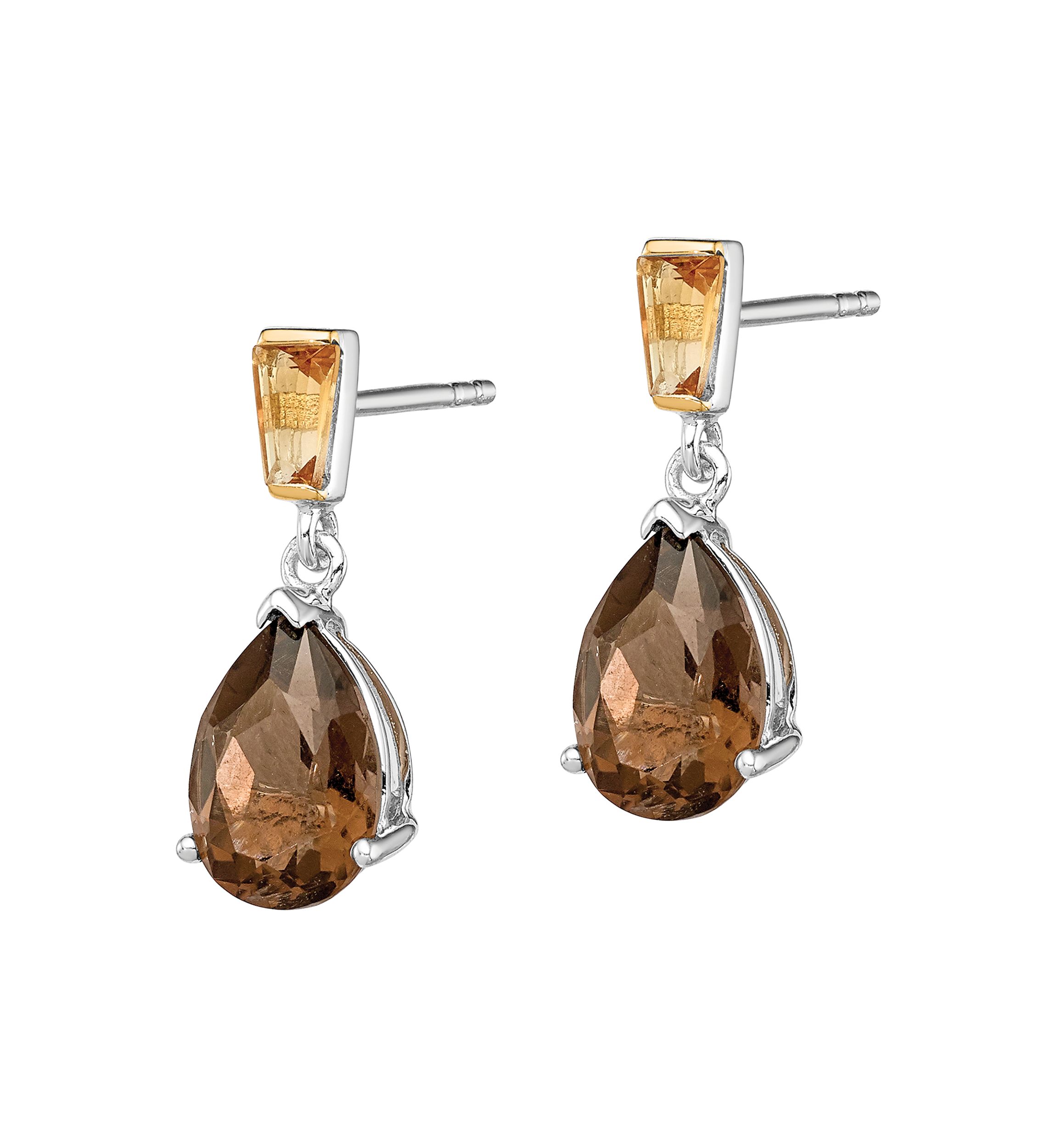 3.05 ct. t.w. Smoky Quartz and 3/8 ct. t.w. Citrine Earrings in Sterling Silver and 14K Gold True Two-Tone Accent