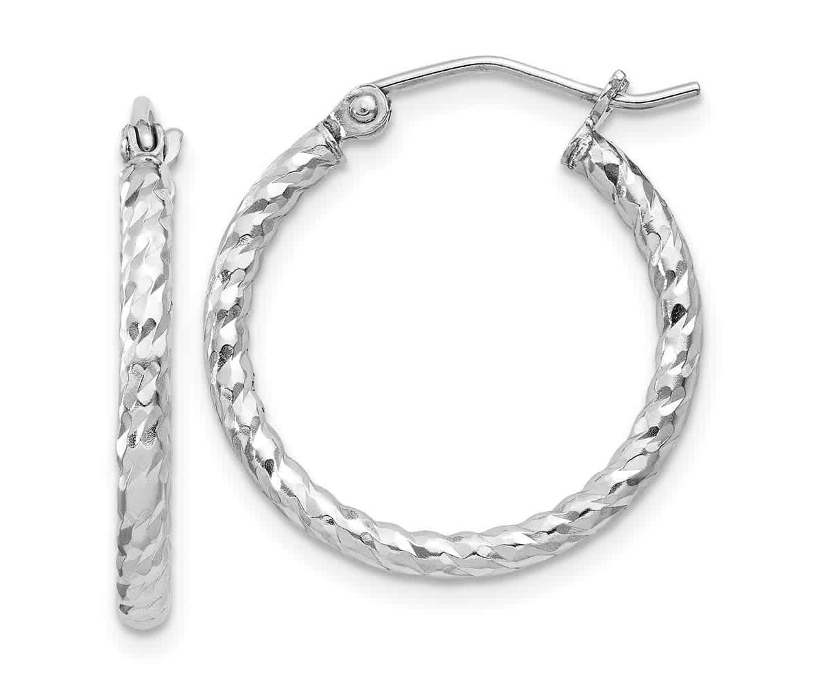 Sterling Silver Rhodium Plated Diamond-cut 2x20mm Hoop Earrings