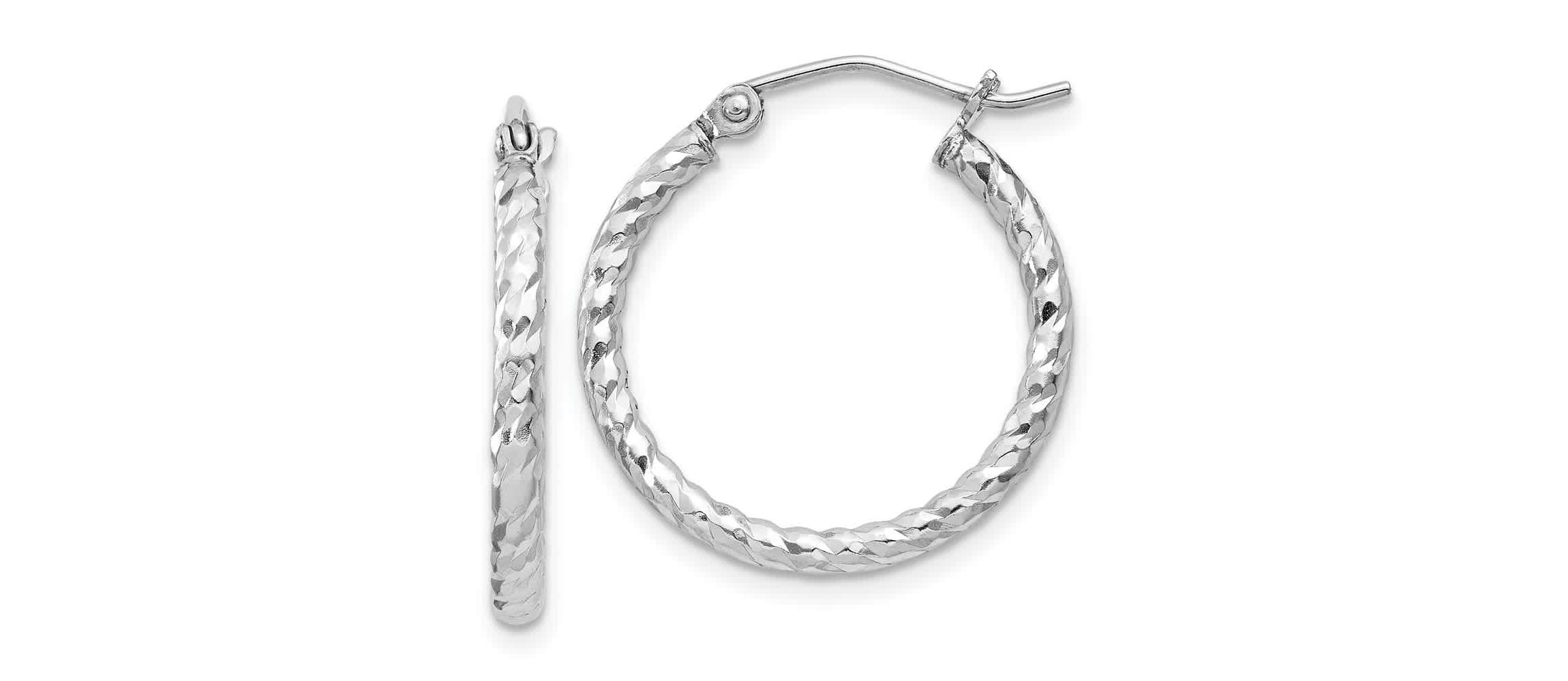 Sterling Silver Rhodium Plated Diamond-cut 2x20mm Hoop Earrings