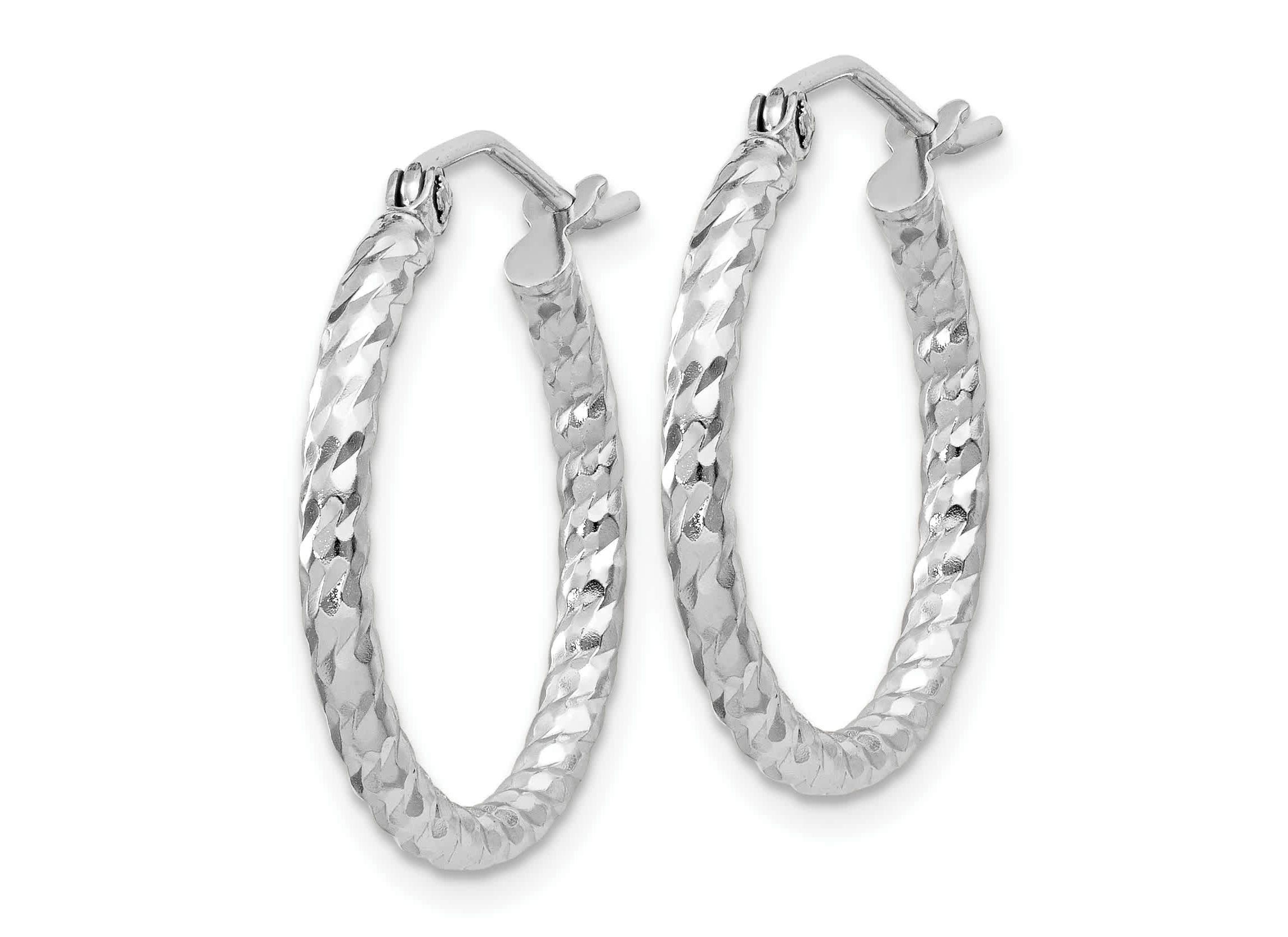 Sterling Silver Rhodium Plated Diamond-cut 2x20mm Hoop Earrings