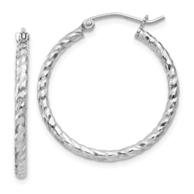 Belk & Co Sterling Silver Rhodium Plated Diamond-cut 2x25mm Hoop Earrings, White