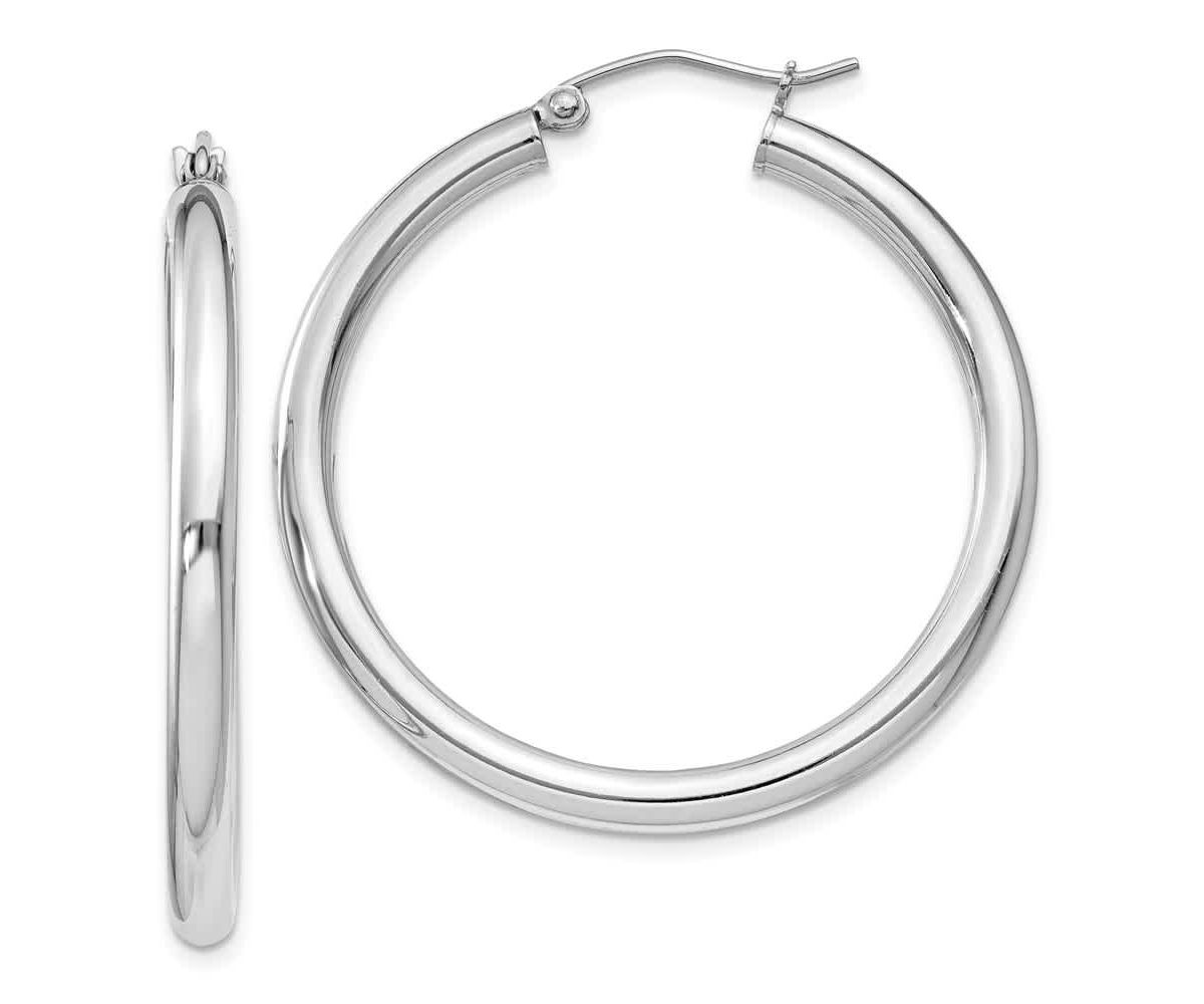 Sterling Silver Rhodium-plated 3mm Round Hoop Earrings