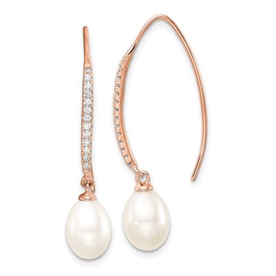 Sterling Silver Rose-tone Cubic Zirconia 7 -8mm White Teardrop Freshwater Cultured Pearl Earrings