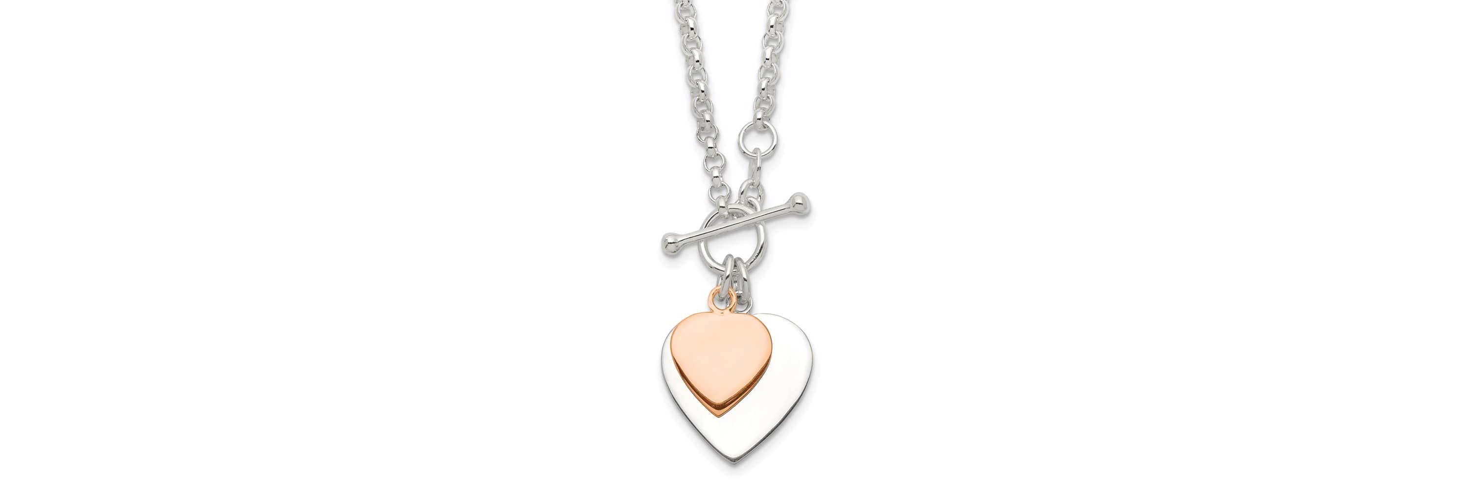 Sterling Silver with Rose gold-plated Double Heart Toggle Necklace