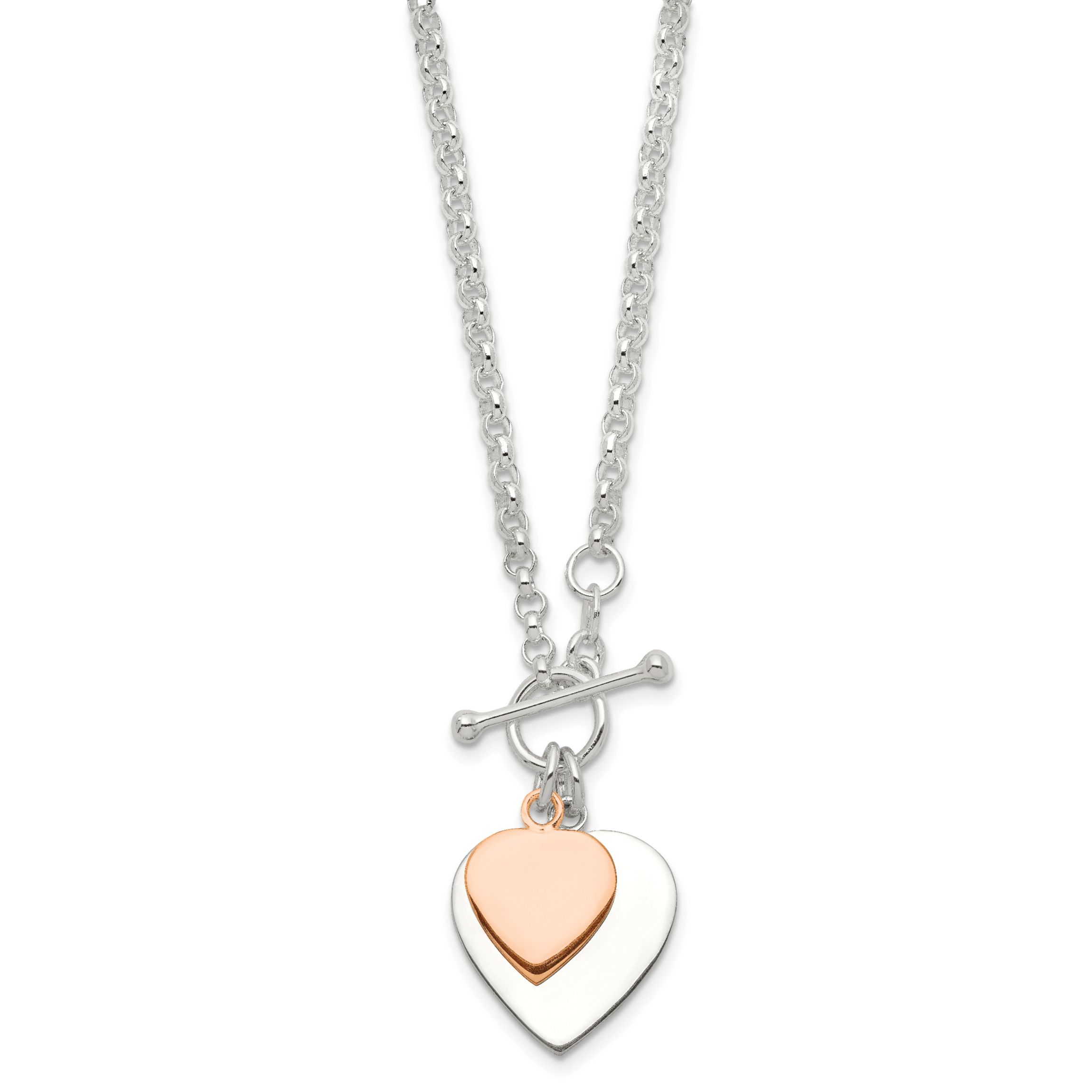Sterling Silver with Rose gold-plated Double Heart Toggle Necklace
