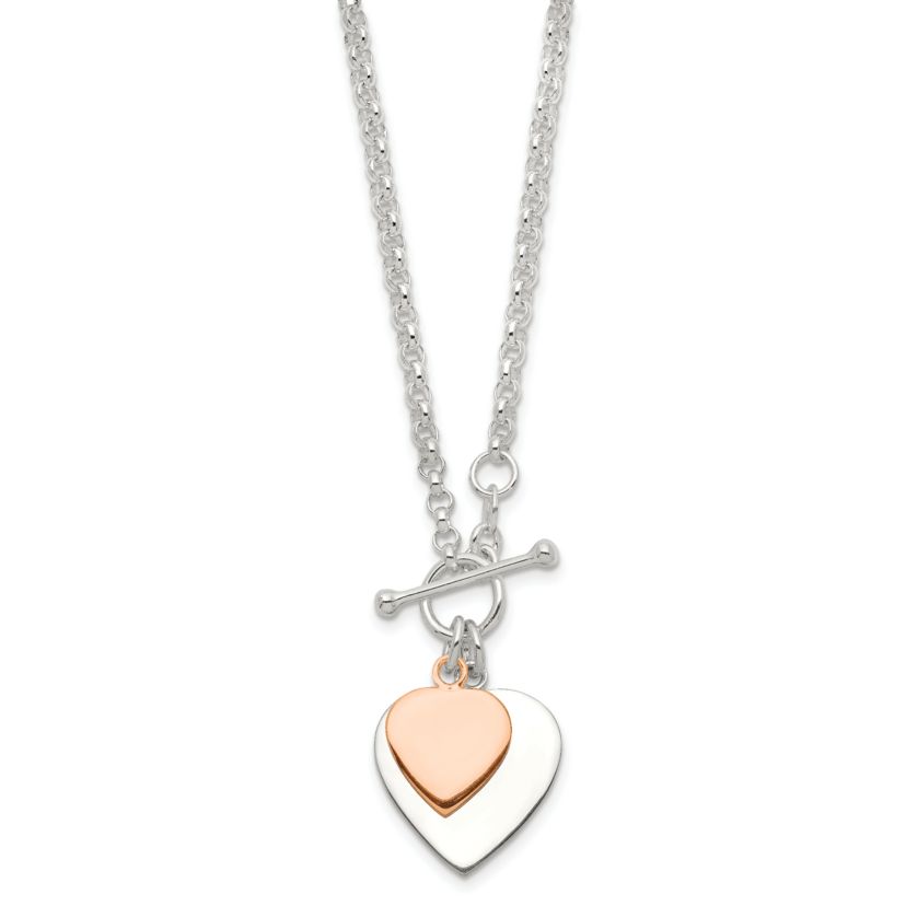 Sterling Silver with Rose gold-plated Double Heart Toggle Necklace
