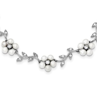 Belk & Co Sterling Silver Rhodium Freshwater Cultured Pearl and Cubic Zirconia Floral Necklace, White