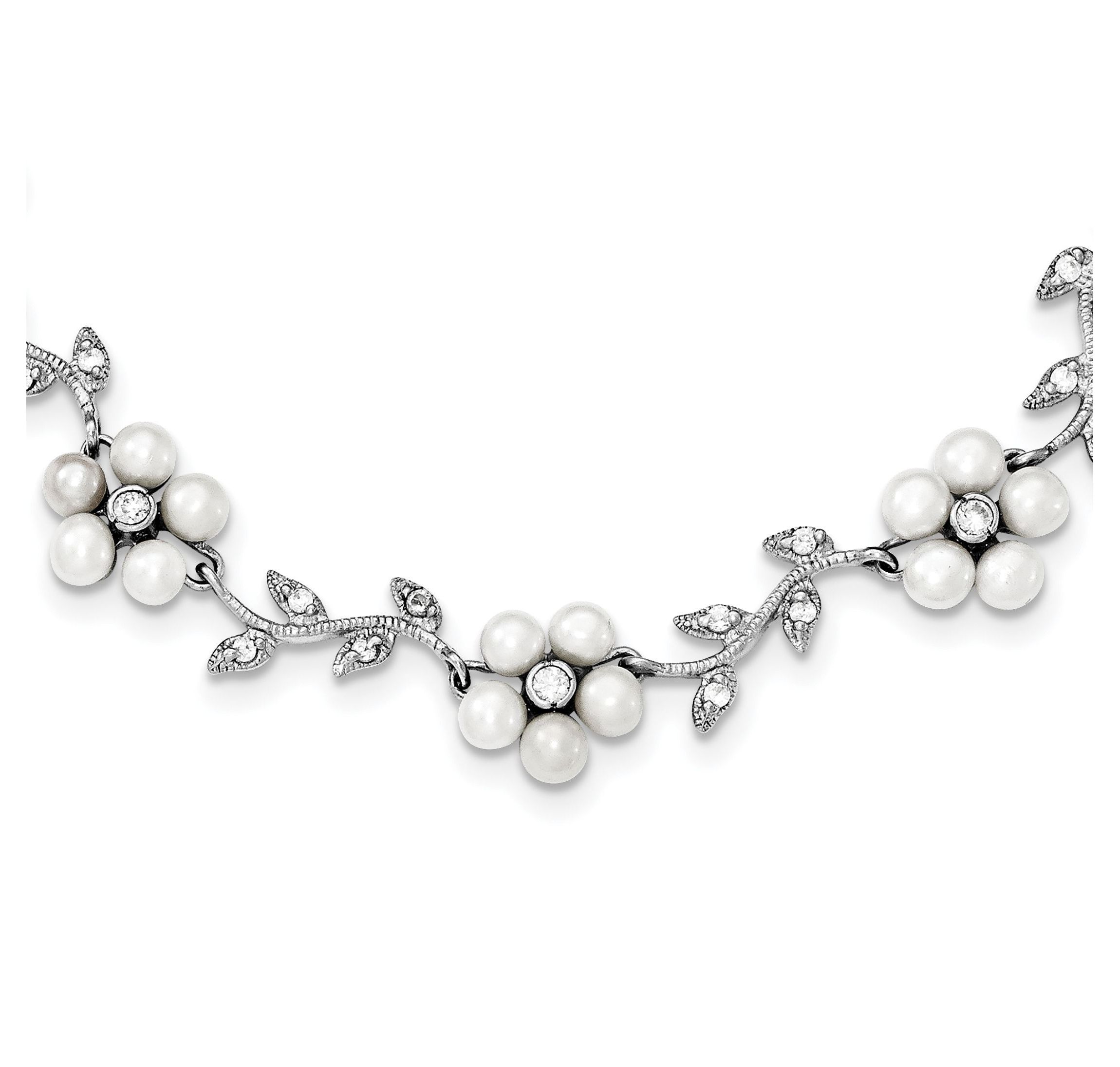 Sterling Silver Rhodium Freshwater Cultured Pearl and Cubic Zirconia Floral Necklace