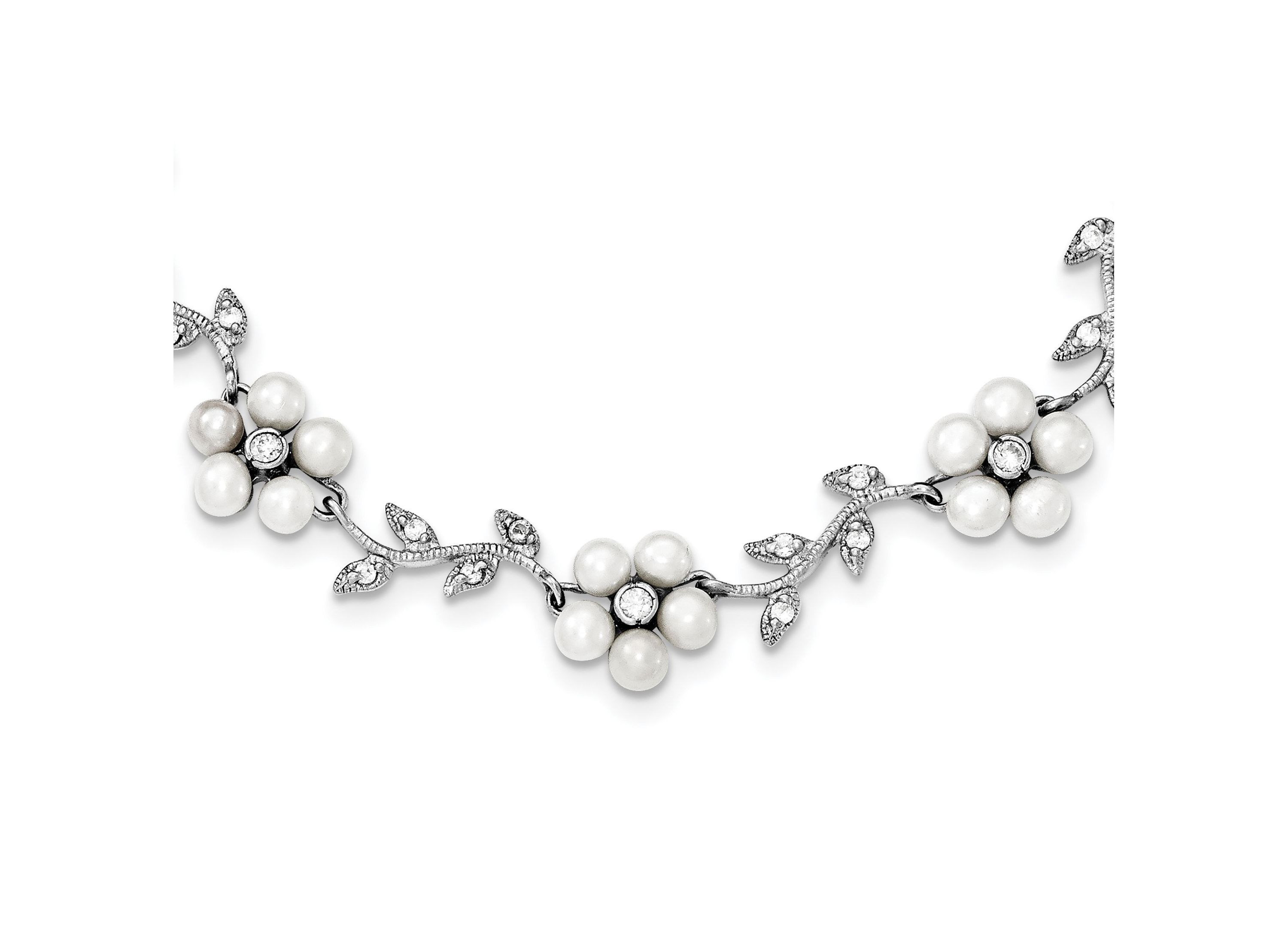 Sterling Silver Rhodium Freshwater Cultured Pearl and Cubic Zirconia Floral Necklace