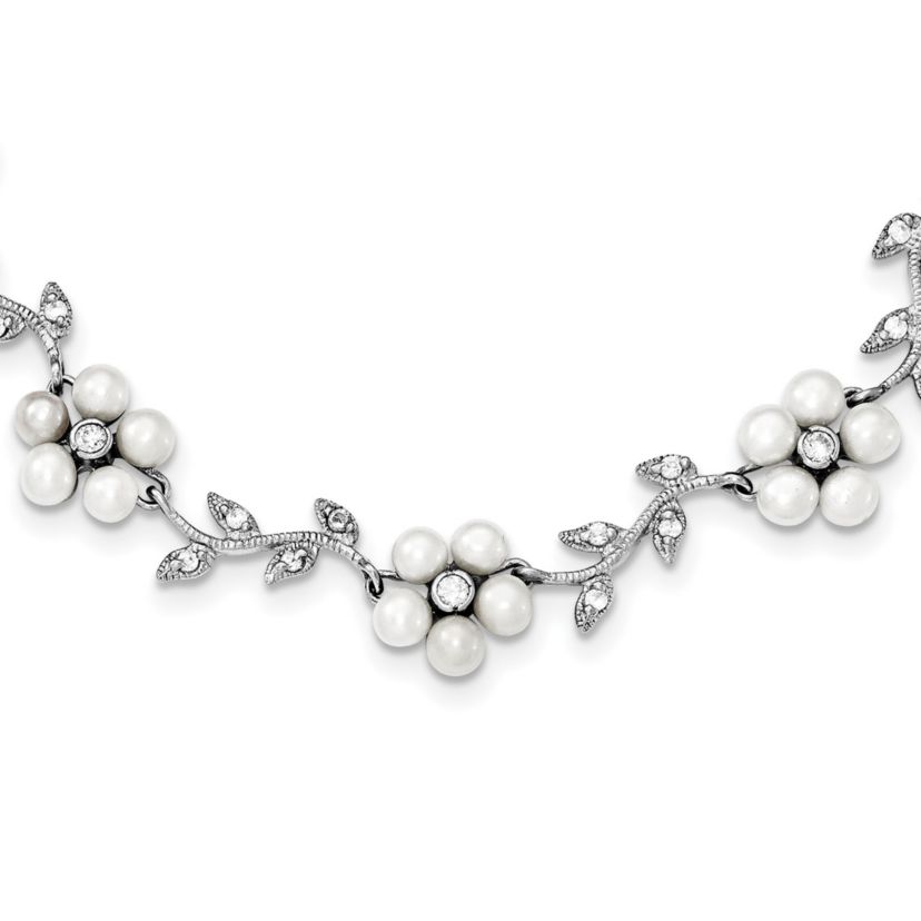 Sterling Silver Rhodium Freshwater Cultured Pearl and Cubic Zirconia Floral Necklace