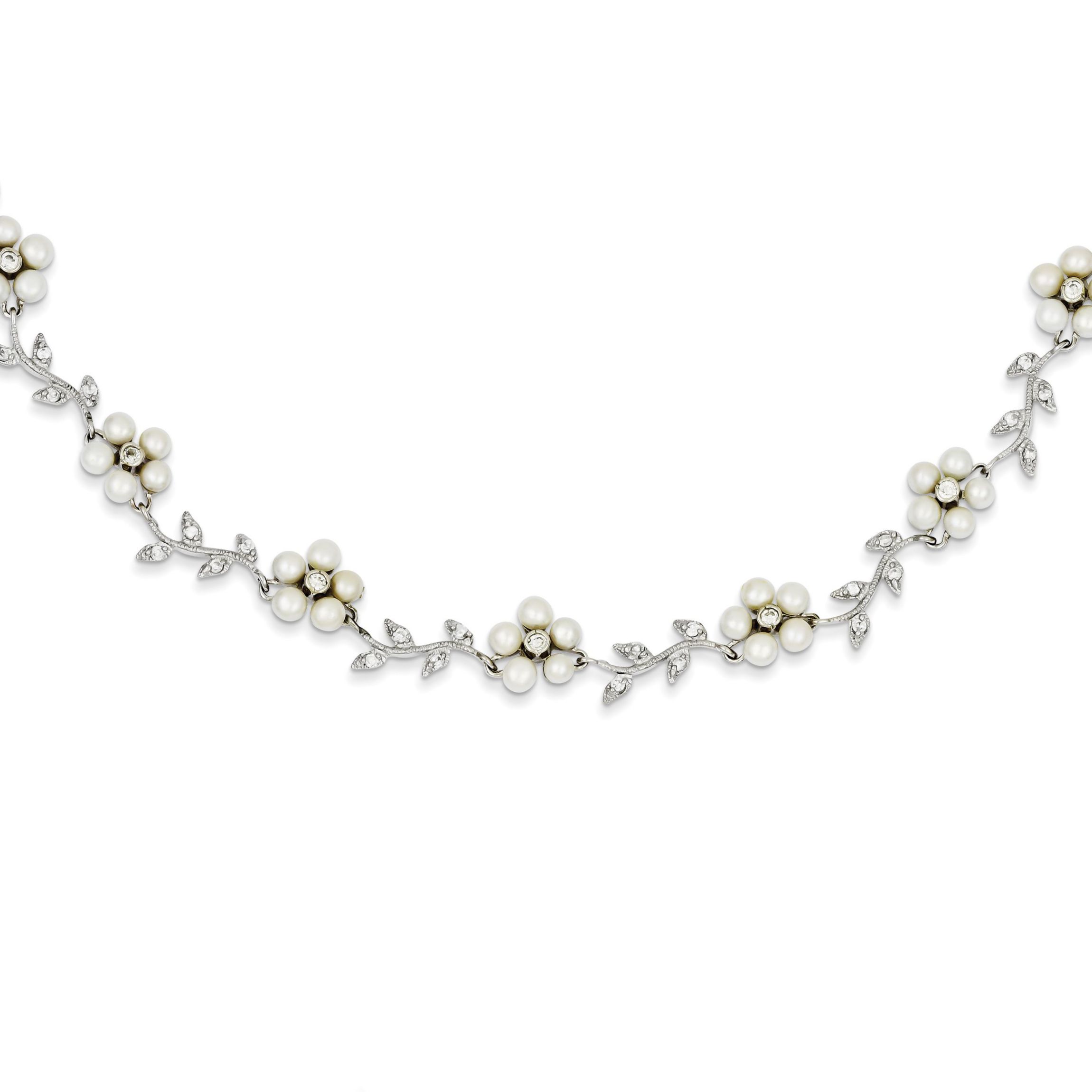 Sterling Silver Rhodium Freshwater Cultured Pearl and Cubic Zirconia Floral Necklace