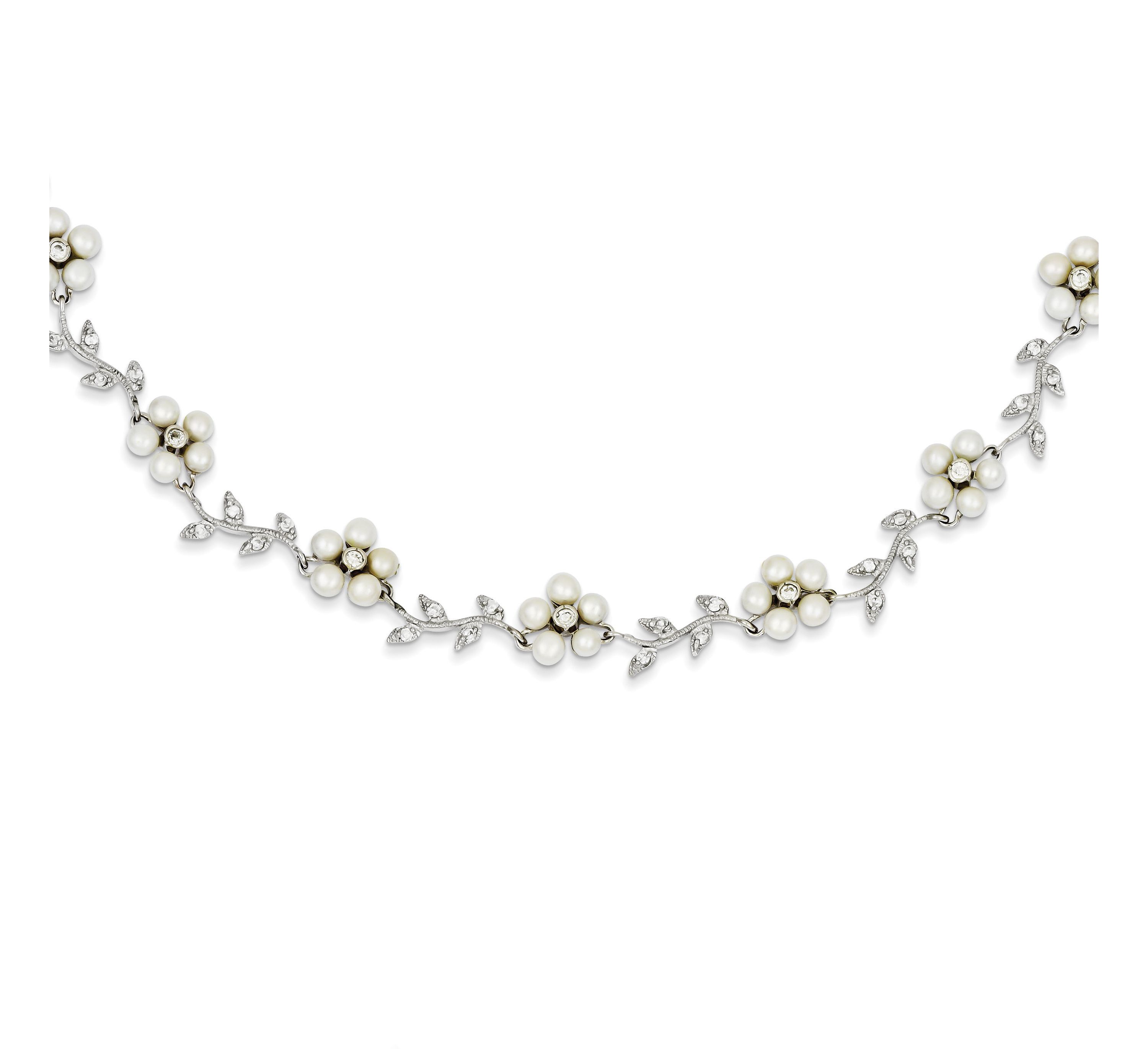 Sterling Silver Rhodium Freshwater Cultured Pearl and Cubic Zirconia Floral Necklace