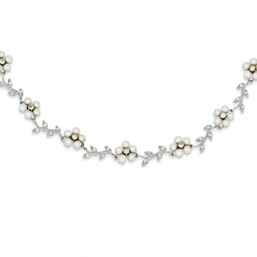 Sterling Silver Rhodium Freshwater Cultured Pearl and Cubic Zirconia Floral Necklace