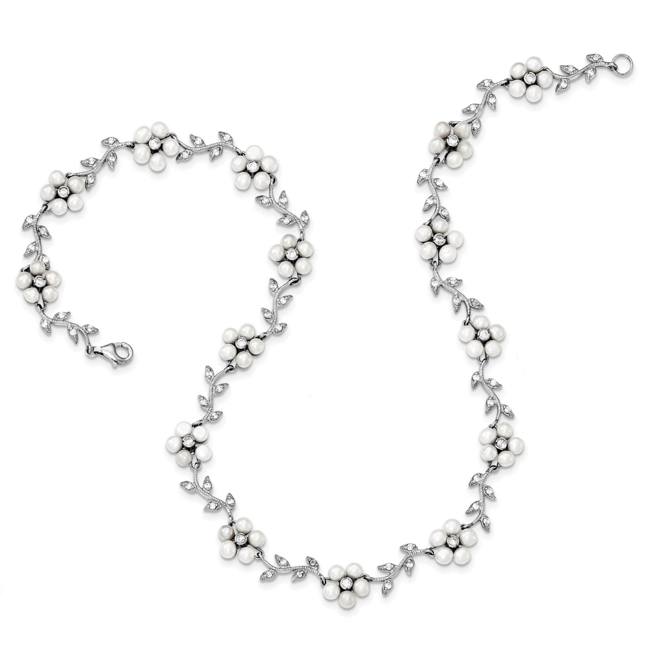 Sterling Silver Rhodium Freshwater Cultured Pearl and Cubic Zirconia Floral Necklace