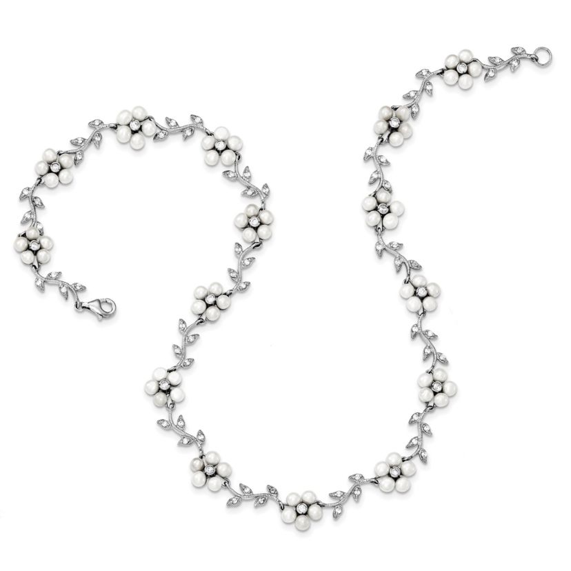Sterling Silver Rhodium Freshwater Cultured Pearl and Cubic Zirconia Floral Necklace