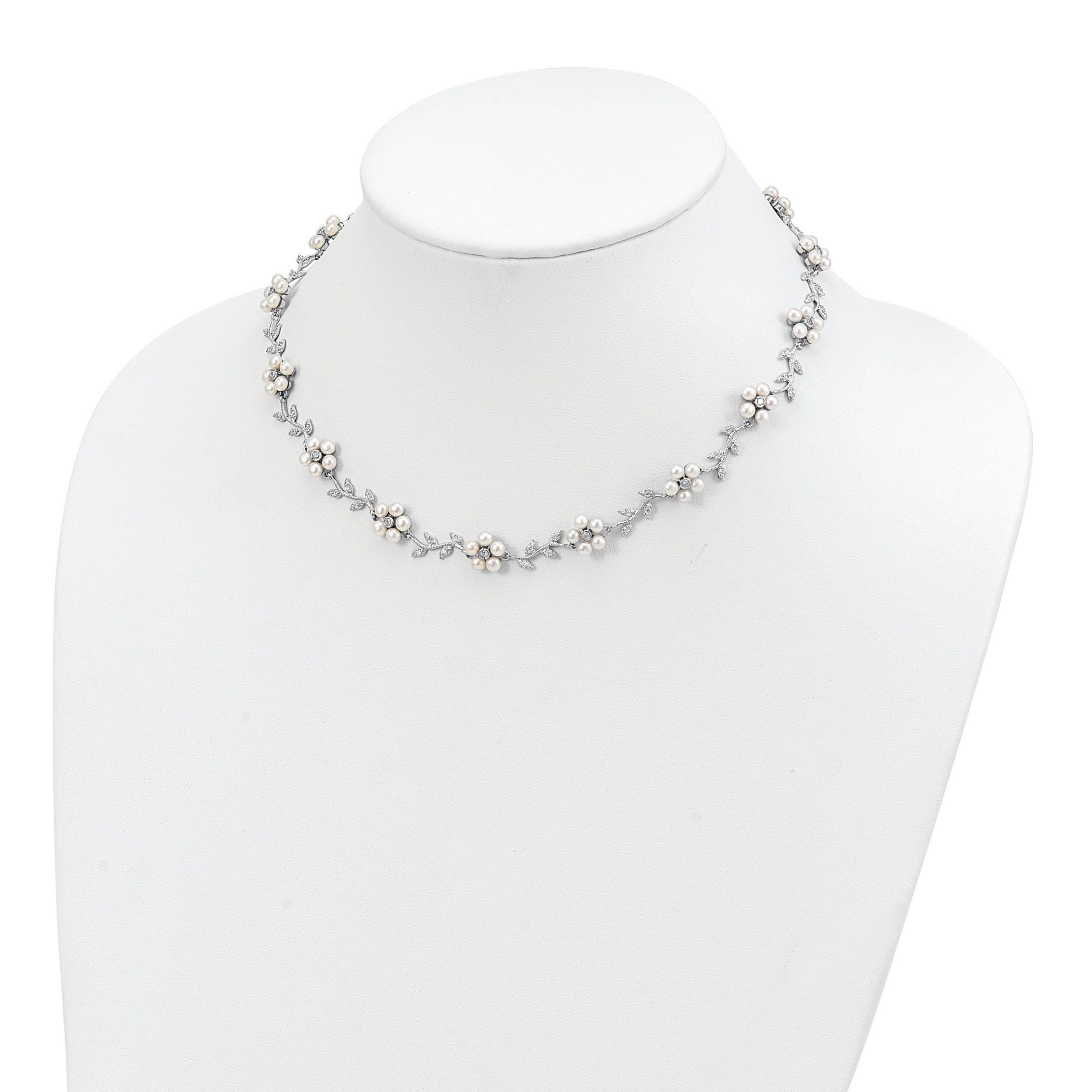 Sterling Silver Rhodium Freshwater Cultured Pearl and Cubic Zirconia Floral Necklace