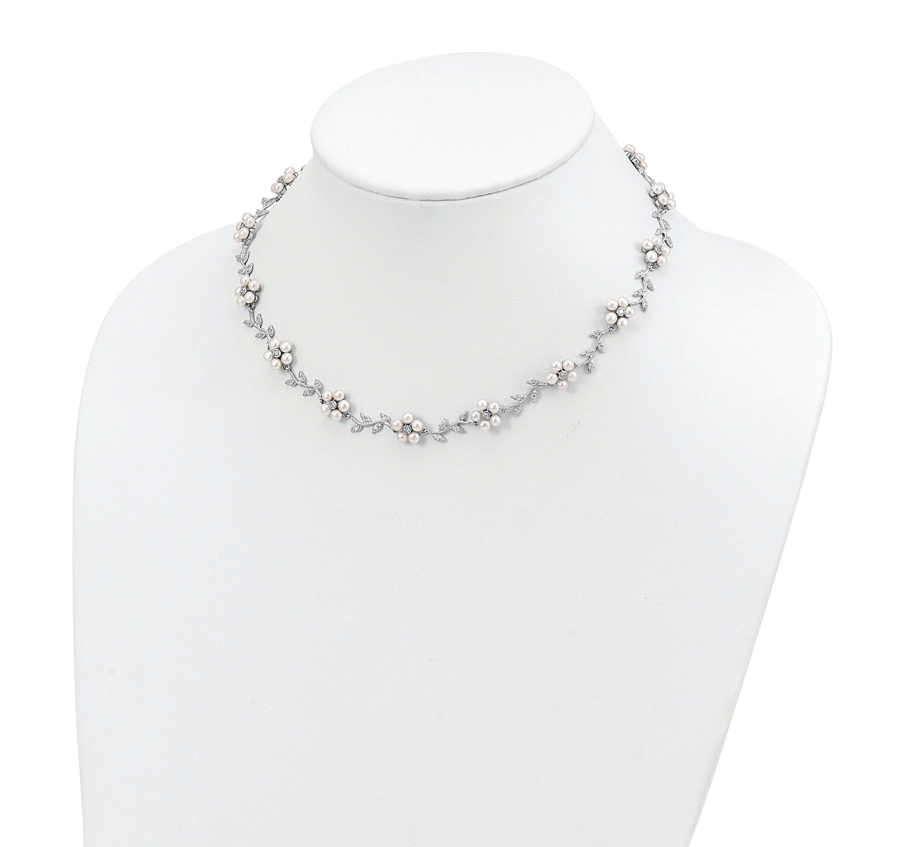 Sterling Silver Rhodium Freshwater Cultured Pearl and Cubic Zirconia Floral Necklace