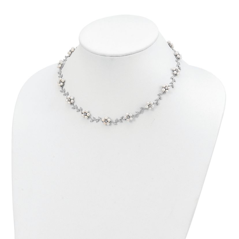 Sterling Silver Rhodium Freshwater Cultured Pearl and Cubic Zirconia Floral Necklace