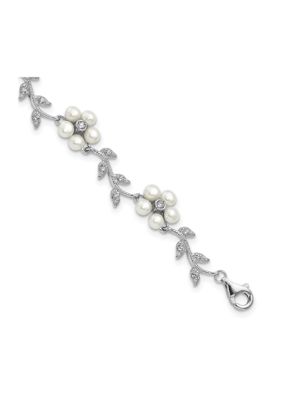 Belk & Co Sterling Silver Rhodium Freshwater Cultured Pearl and Cubic Zirconia Floral Bracelet, White