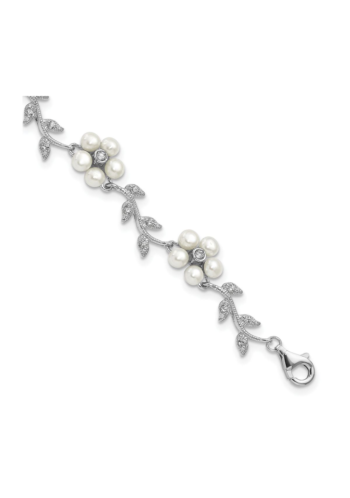 Sterling Silver Rhodium Freshwater Cultured Pearl and Cubic Zirconia Floral Bracelet