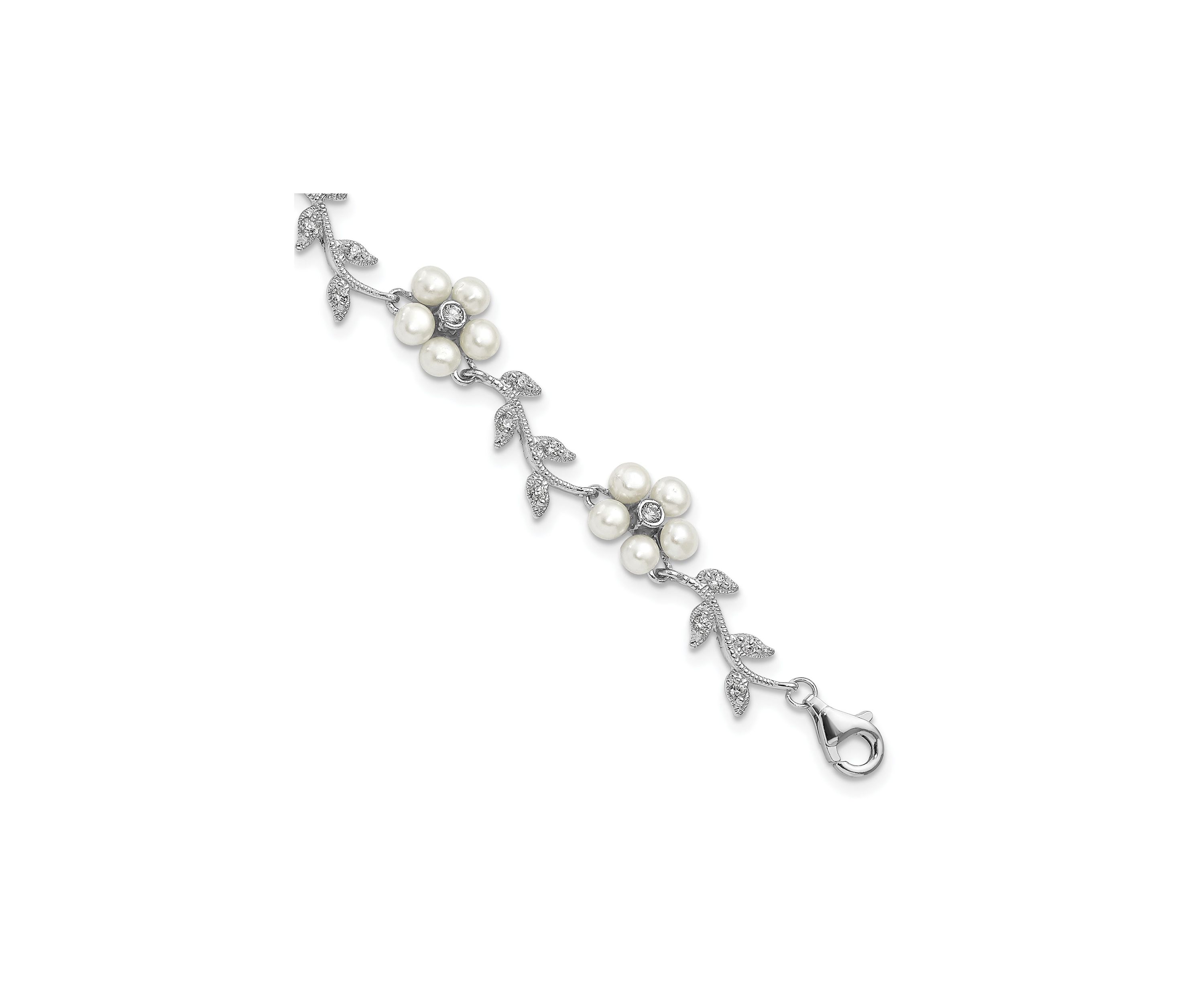 Sterling Silver Rhodium Freshwater Cultured Pearl and Cubic Zirconia Floral Bracelet
