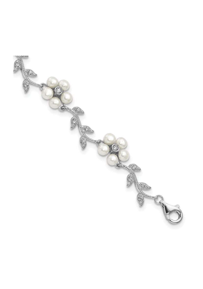 Sterling Silver Rhodium Freshwater Cultured Pearl and Cubic Zirconia Floral Bracelet