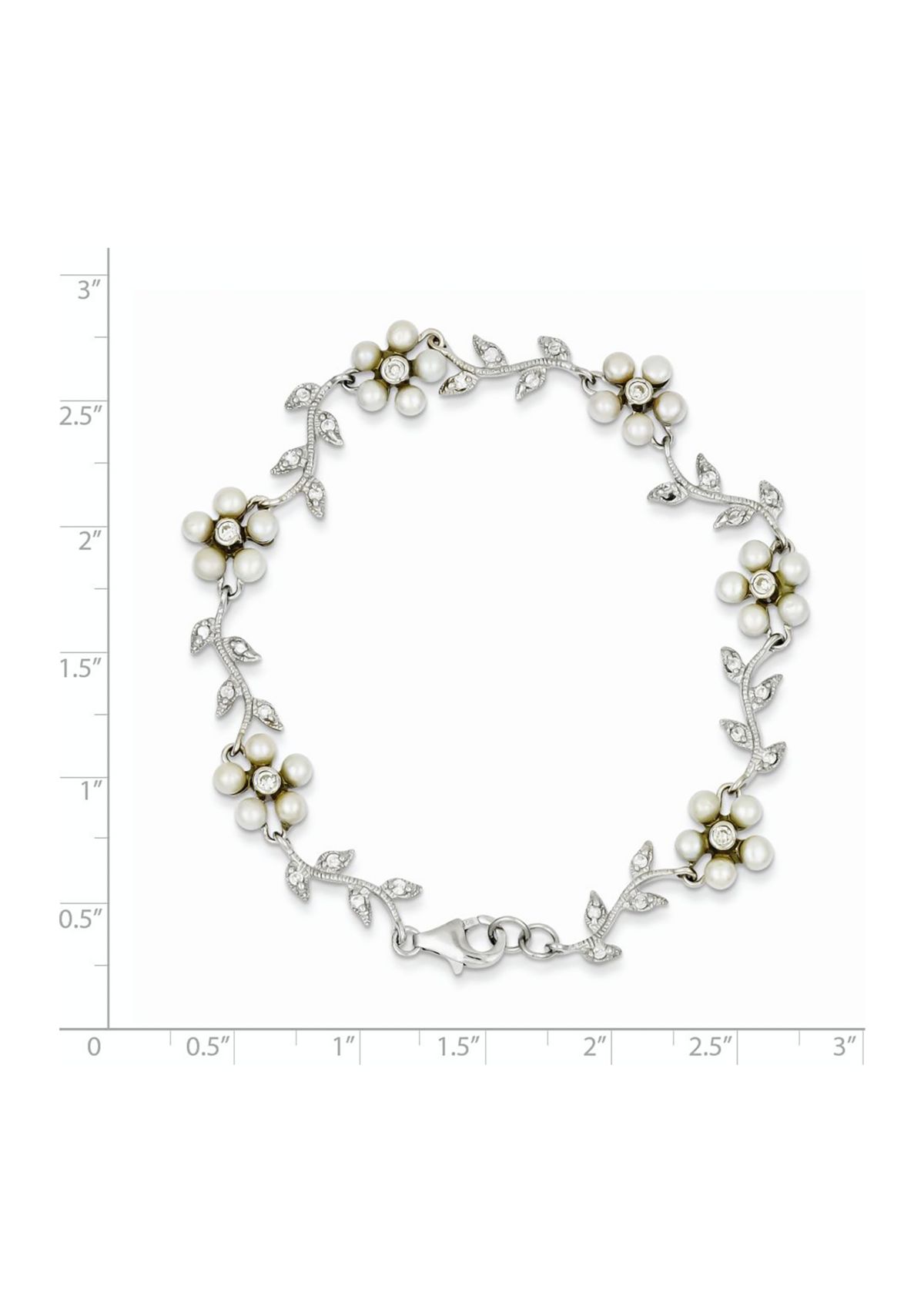 Sterling Silver Rhodium Freshwater Cultured Pearl and Cubic Zirconia Floral Bracelet