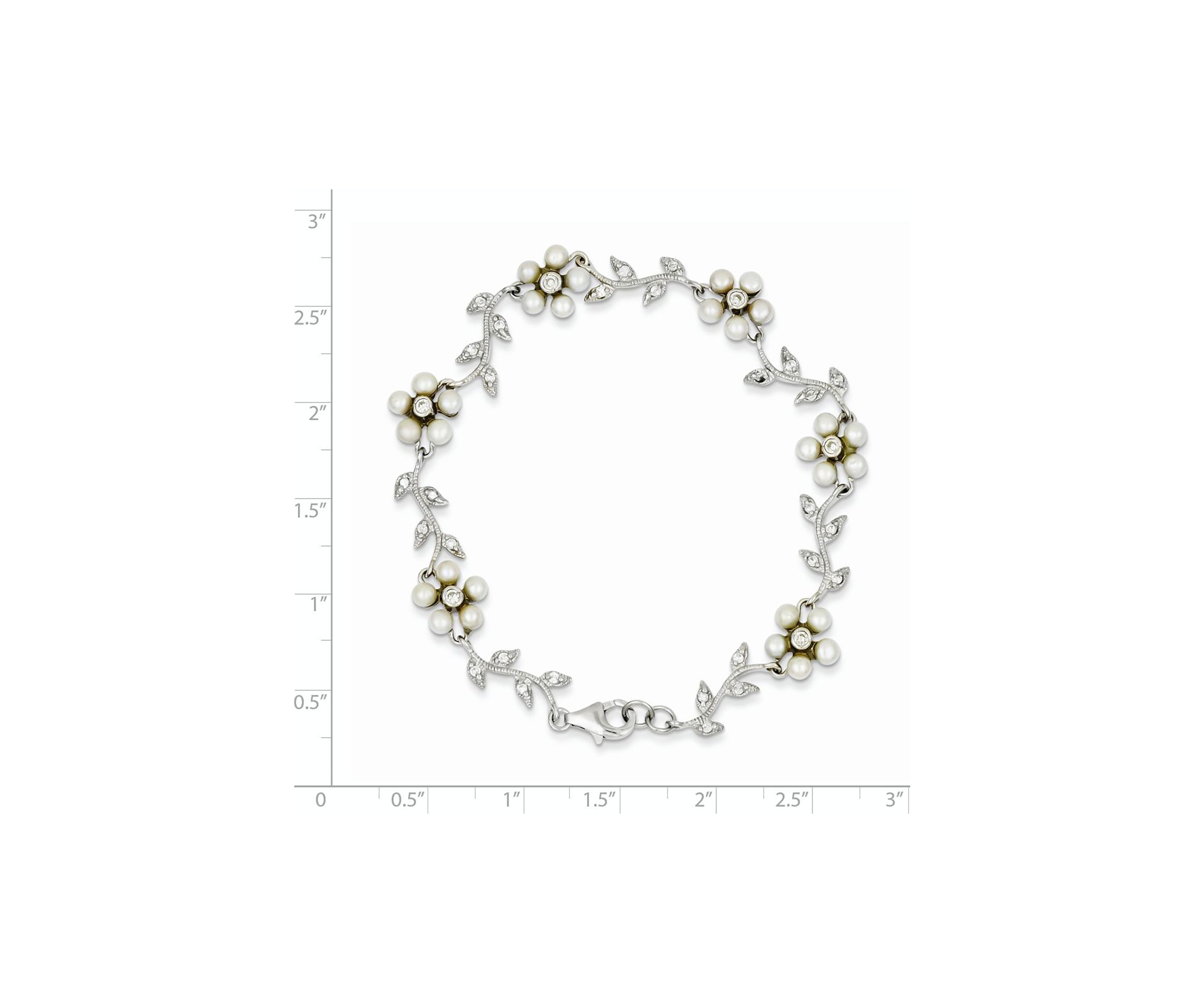 Sterling Silver Rhodium Freshwater Cultured Pearl and Cubic Zirconia Floral Bracelet